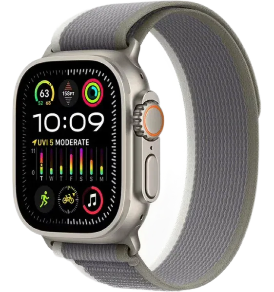 Apple Watch Series Ultra 2 49mm Natural Titanium Case with Green/Gray Trail Loop S/M